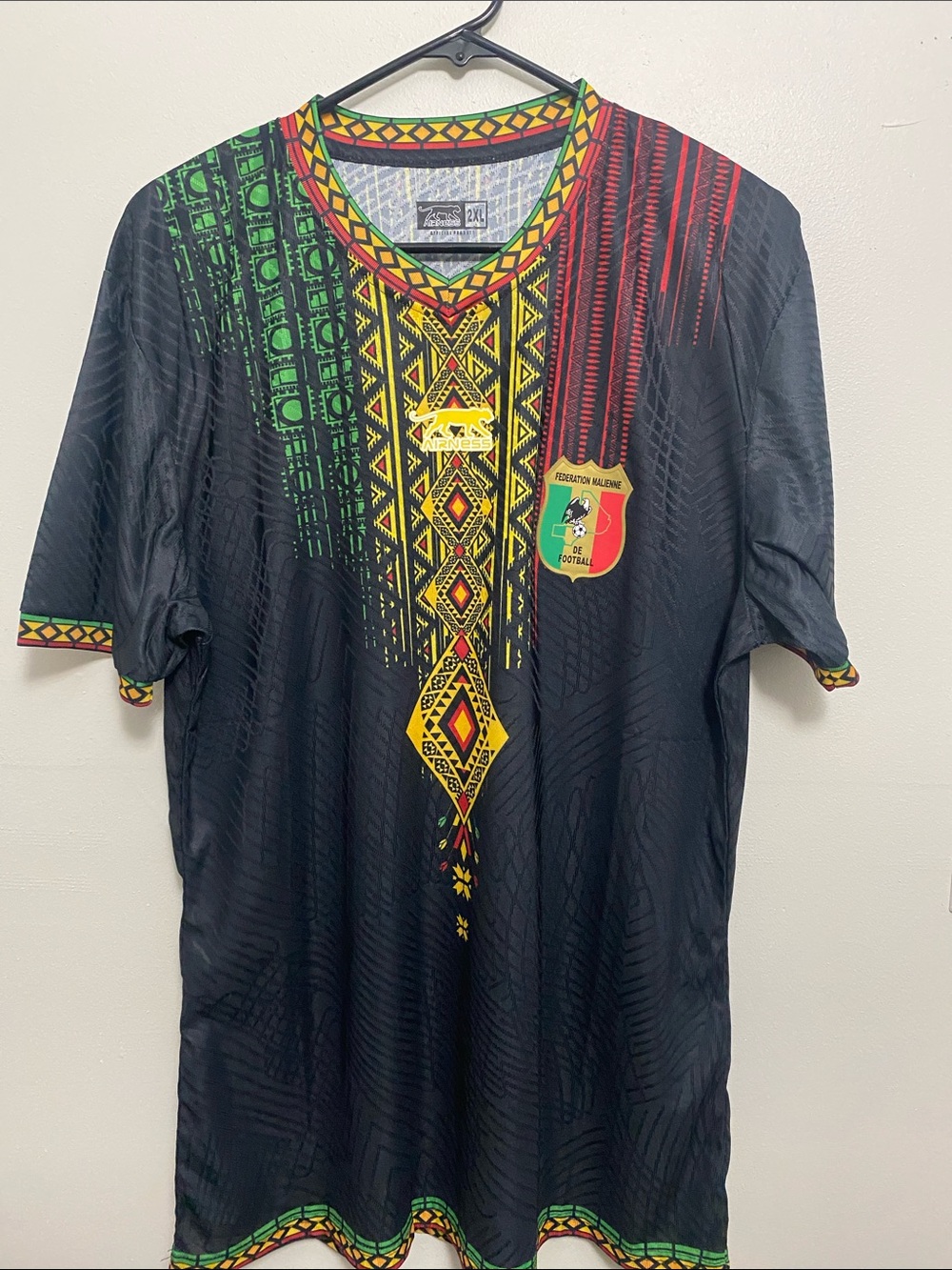 Men's Black African-Inspired Short Sleeve Shirt with Green & Red Accents